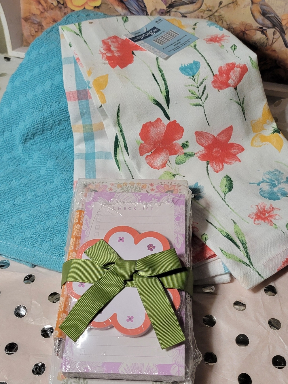 Floral Cotton Tea Towel And Notpad Set - White with Coral & Aqua Floral